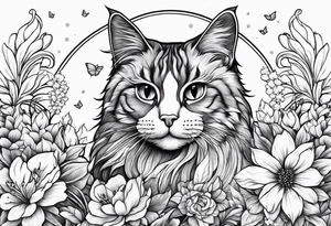 Cat looking up at a cardinal surrounded by flowers tattoo idea