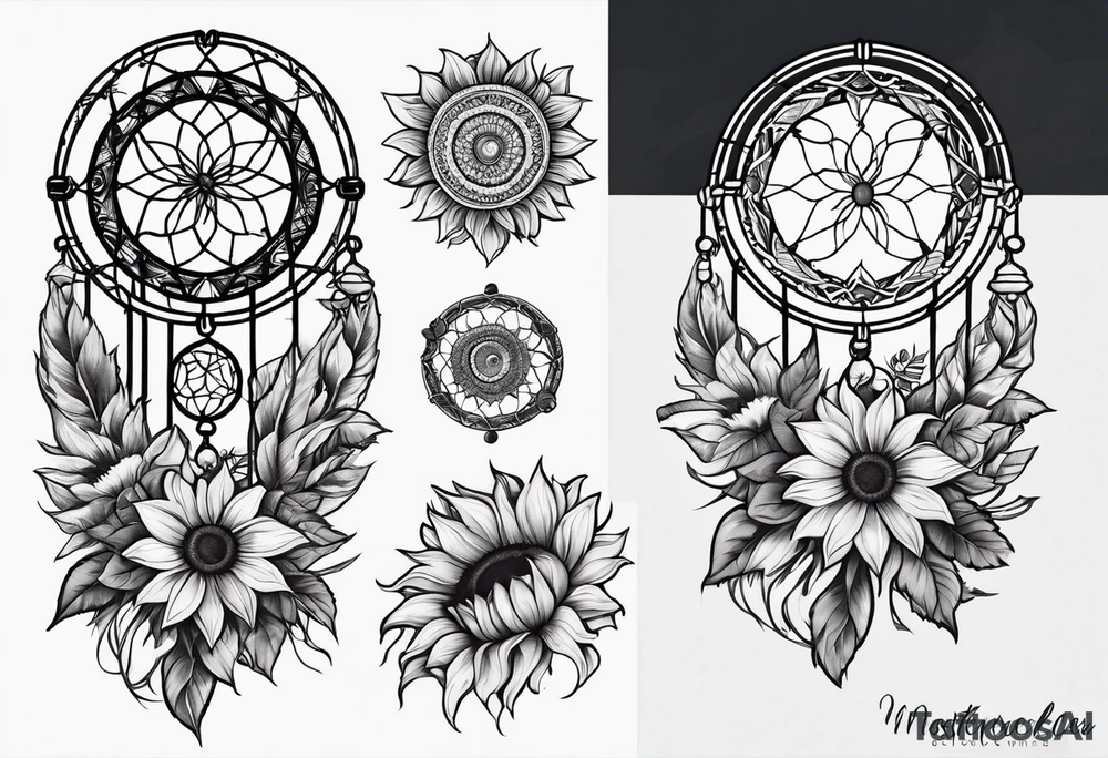 Dreamcatcher and sunflowers forearm sleeve tattoo idea