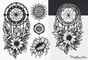 Dreamcatcher and sunflowers forearm sleeve tattoo idea
