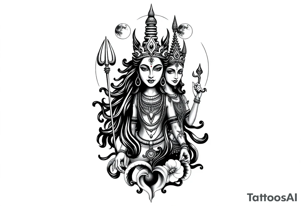 Lord Shiva, Godess Kali, Godess Lilith with the moon phases in the background tattoo idea