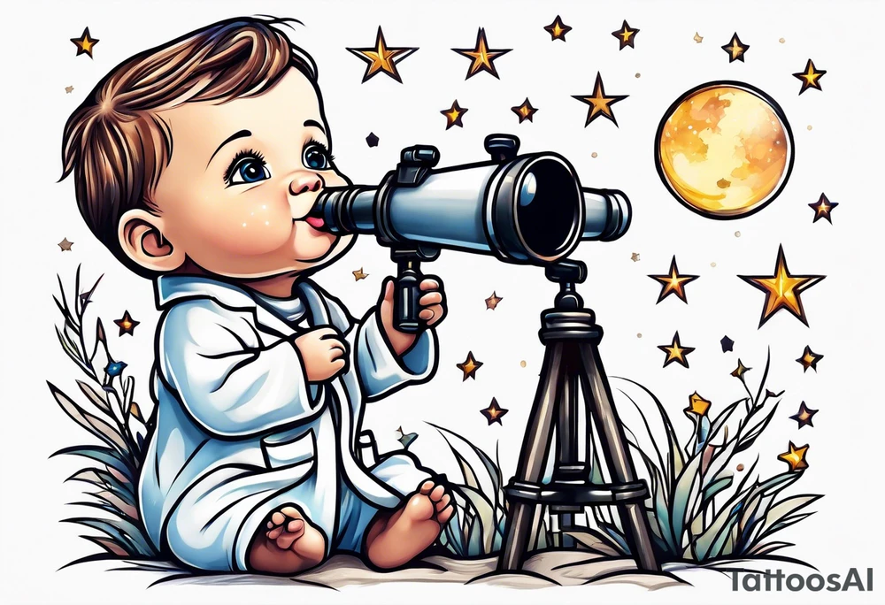 Small baby in a lab coat looking up at the stars through a telescope tattoo idea