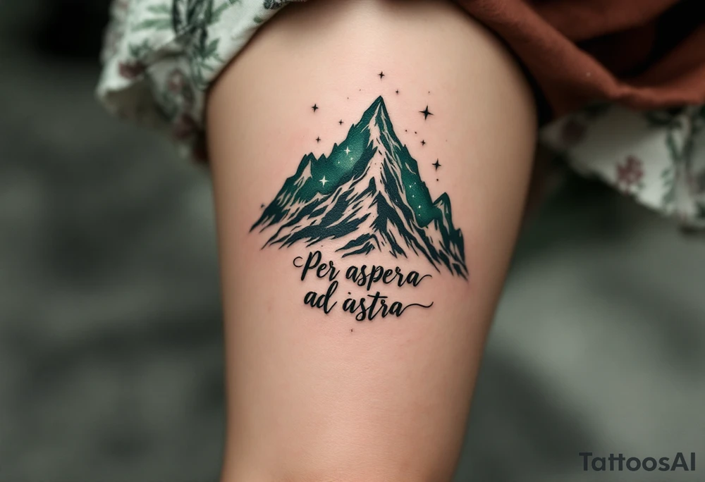 Etched in deep forest green, “Per aspera ad astra” curls around a mountain silhouette rising into a starlit sky. tattoo idea