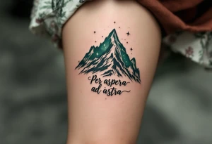 Etched in deep forest green, “Per aspera ad astra” curls around a mountain silhouette rising into a starlit sky. tattoo idea