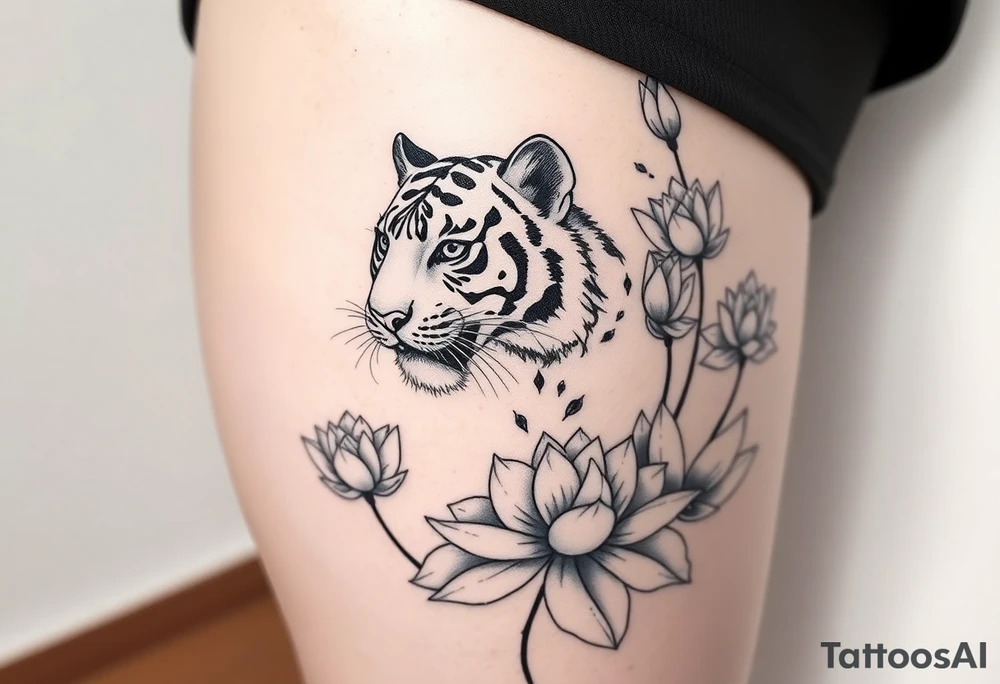 fierce tiger emerging through blooming lotus flowers in mist tattoo idea