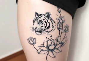 fierce tiger emerging through blooming lotus flowers in mist tattoo idea