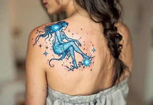 The Virgo constellation sparkles in icy blue across the back of a seated maiden in muted earth tones. tattoo idea