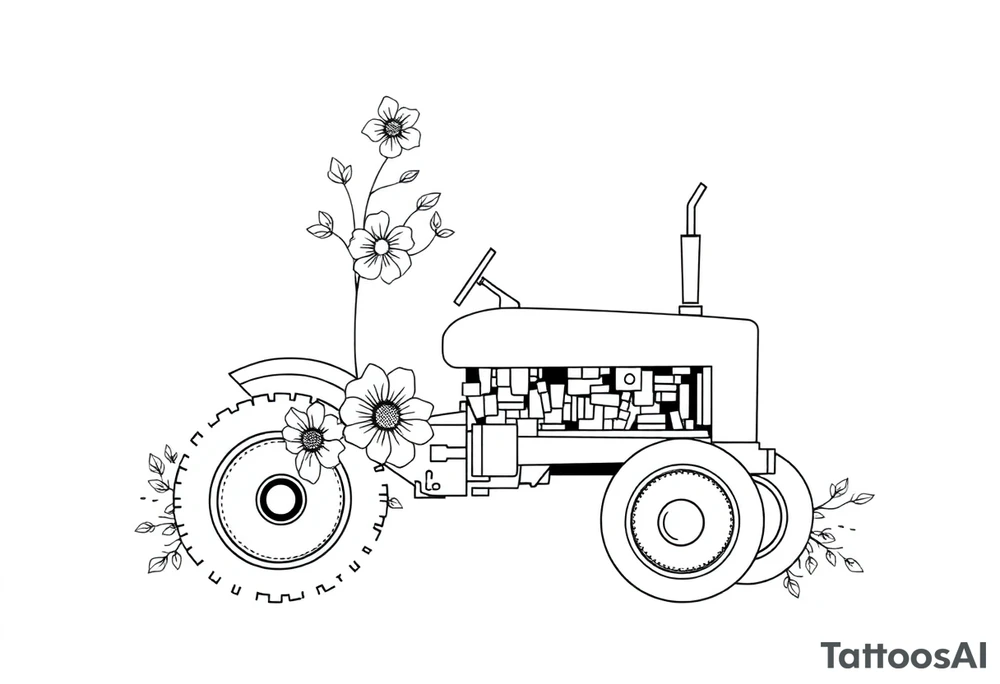 feminine tractor with flowers tattoo idea