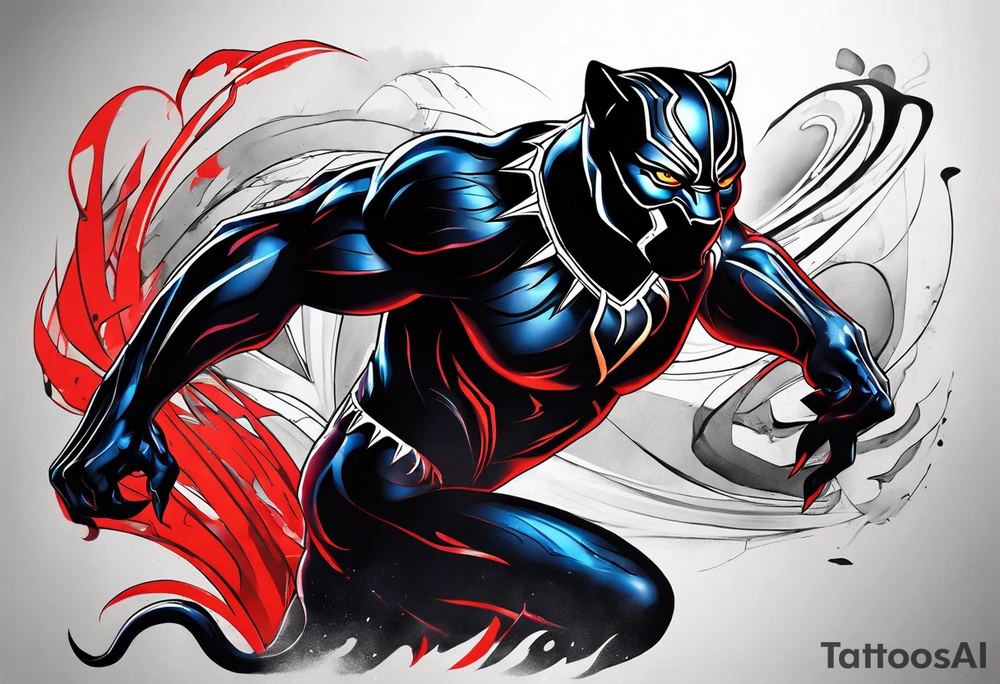 unique black panther tattoo, portrayed in a dynamic pose, showcasing its strength and grace, striking red eyes, intense and captivating elements, artistic flair, blending realism with abstract elements tattoo idea