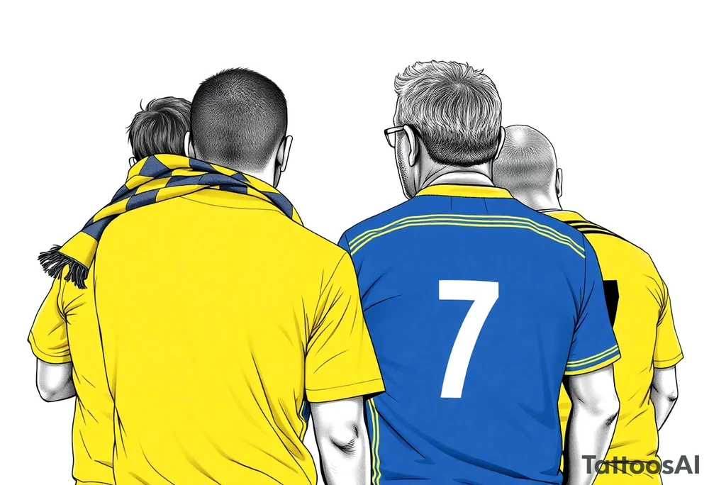 4 soccer fans from their backs, wearing yellow blue shirts. the second one from left having a kid on his shoulders, and he's rising a scarf.
the right one is older, more fat and shorter and wearing an shirt with the number 7 on it and has on his shoulders line like adidas
the left on has a yellow-blue Checkered on his shirt
make some space between the men tattoo idea