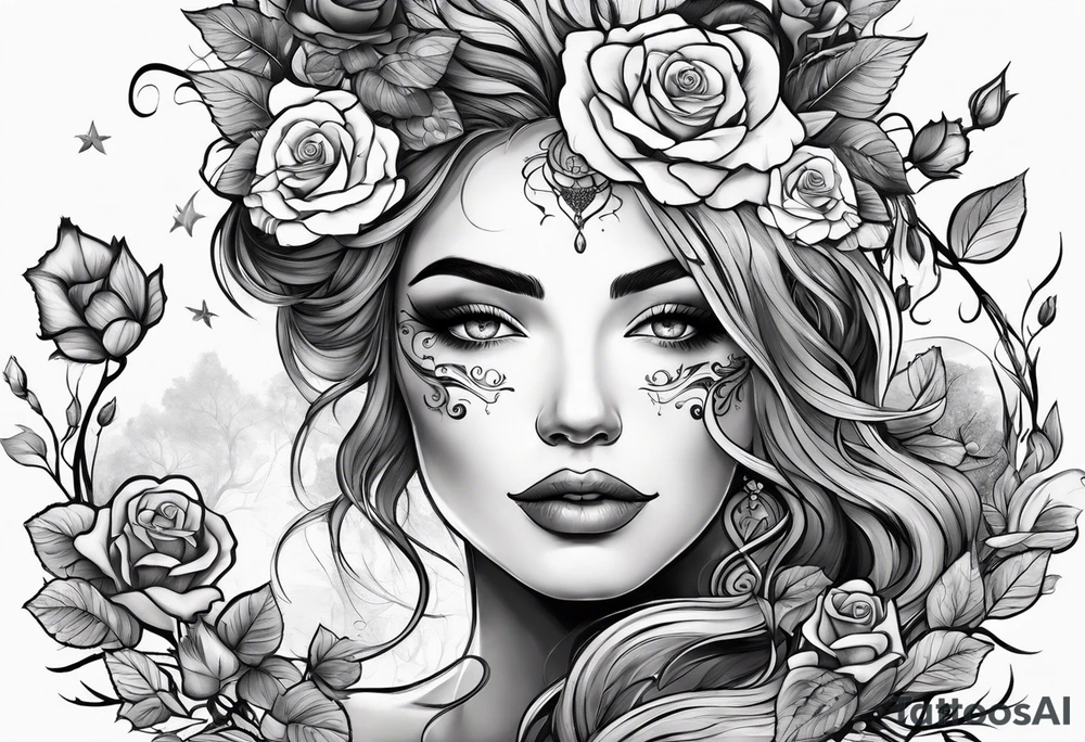 Mother Nature face with roses in her hair and around her black and white tattoo idea