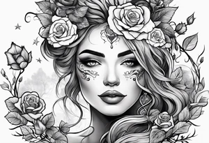 Mother Nature face with roses in her hair and around her black and white tattoo idea