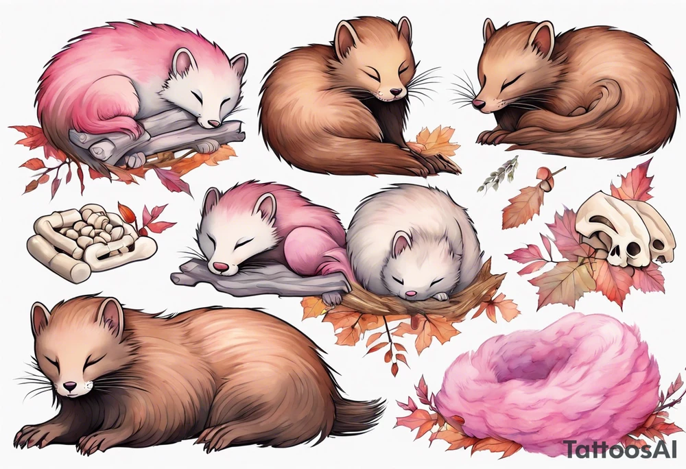 a mink with pink fur and pink ears sleeping in the autumn forest with a pile of bones tattoo idea