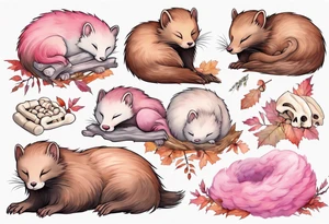 a mink with pink fur and pink ears sleeping in the autumn forest with a pile of bones tattoo idea