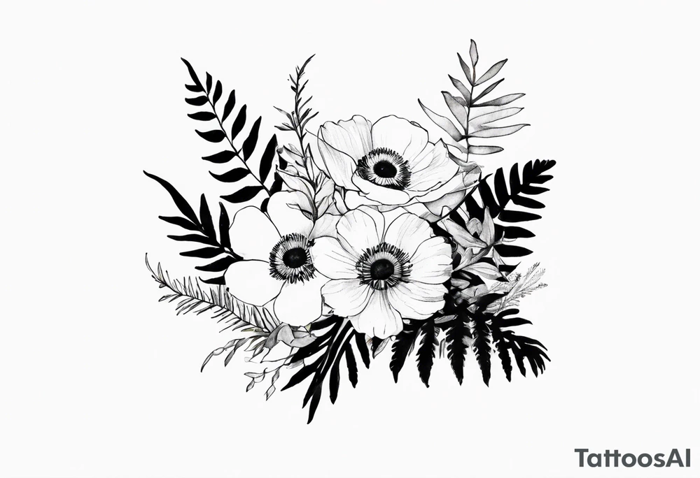 wild flower bouquet with ferns and white anemone all watercolor tattoo idea