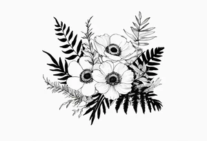 wild flower bouquet with ferns and white anemone all watercolor tattoo idea