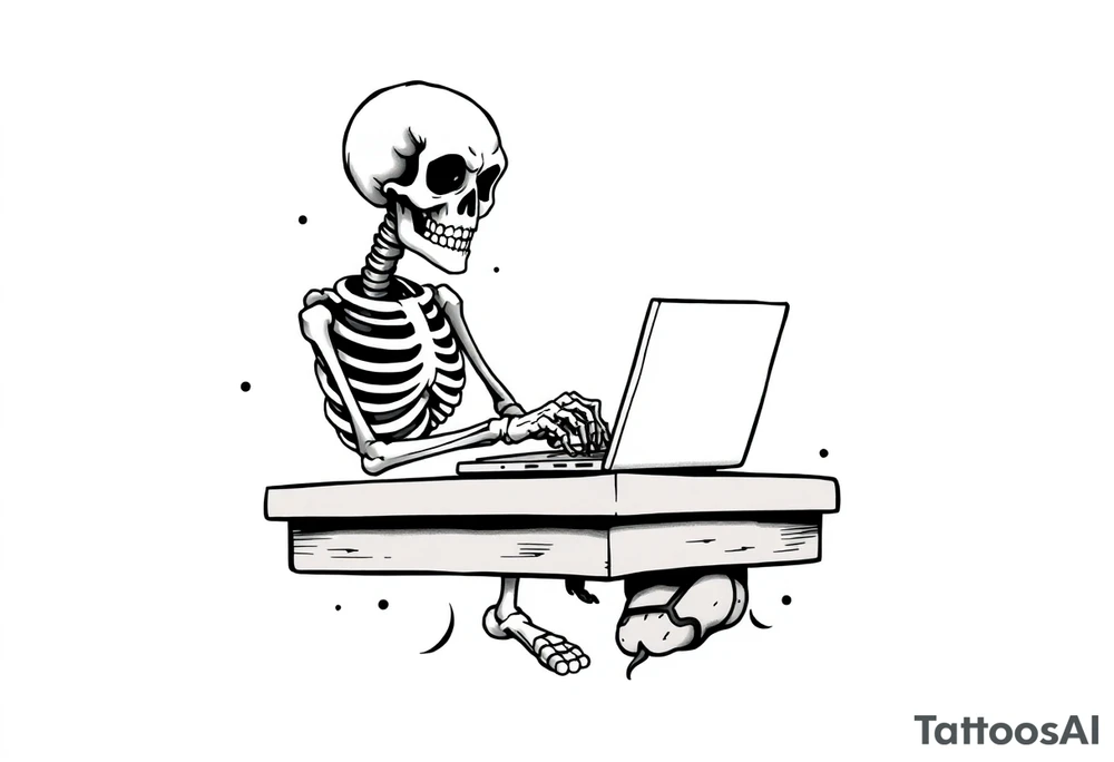 skeleton working at a desk with a laptop tattoo idea