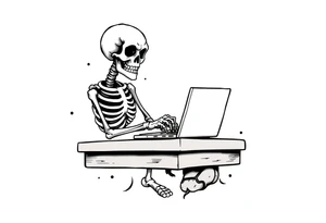 skeleton working at a desk with a laptop tattoo idea