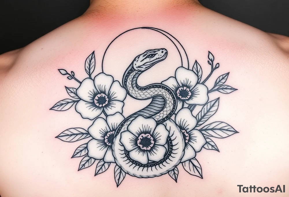 A snake slithering in different flowers with a crescent moon in the background tattoo idea