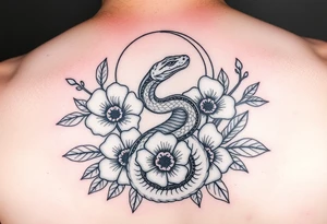 A snake slithering in different flowers with a crescent moon in the background tattoo idea