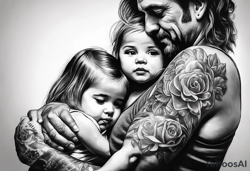 Tattoo of father holding his daughter. (RIP) Daddy loved music tattoo idea