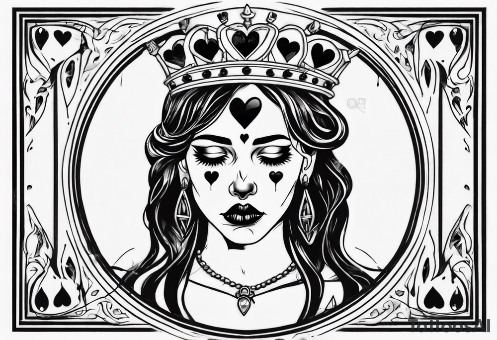 simple queen of hearts crying black tears, with blank eyes tattoo idea