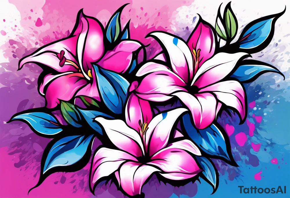brushstroke abstract pink, purple, and blue mandevilla flowers on a vine, with color leaking out into the background. SOme of the flowers should be full color, and some just linework. It should have a handdrawn, sketch feel. tattoo idea
