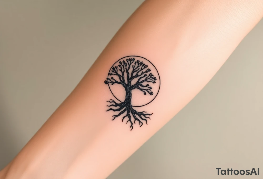Tree inside of sun, spiral moving roots to the right tattoo idea