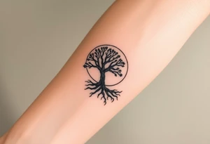 Tree inside of sun, spiral moving roots to the right tattoo idea