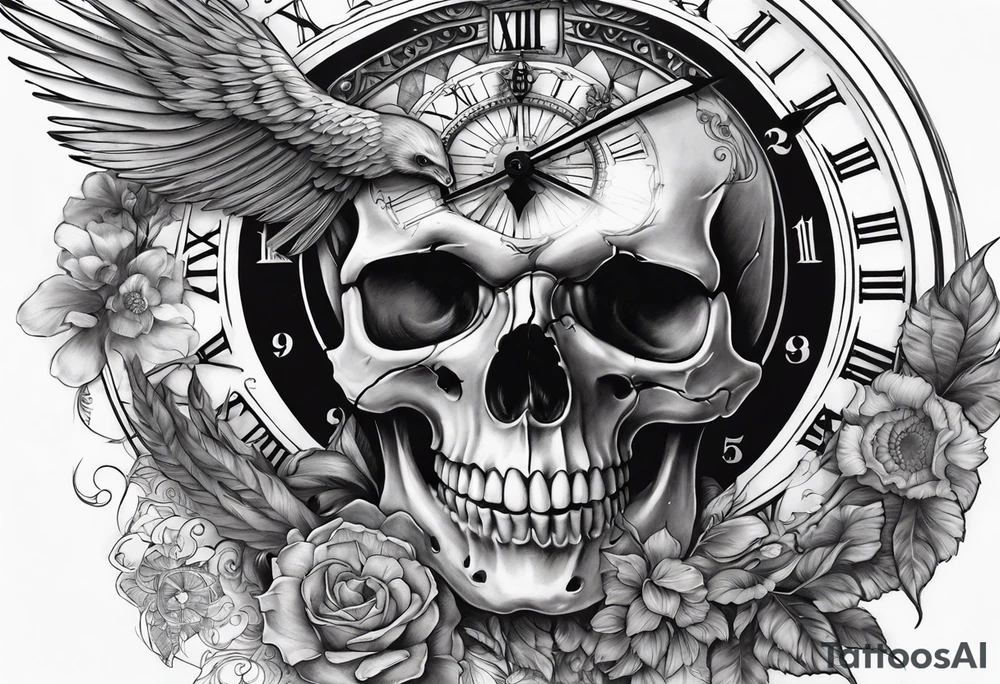 Skull, clock, stairs,phoenix sleeve tattoo idea