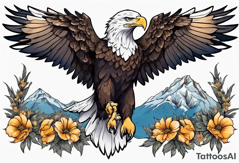 bald eagle with wings spread with mountain flowers in the background tattoo idea