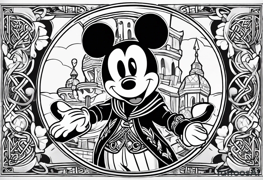 mickey mouse as black flag assassins creed character with palm trees and celtic symbol for family tattoo idea