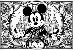 mickey mouse as black flag assassins creed character with palm trees and celtic symbol for family tattoo idea