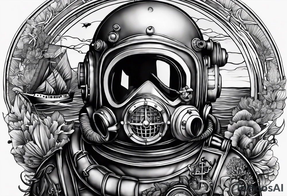 make a full sleeve nautical tattoo design including a deep sea diver with a Mark V diving helmet tattoo idea