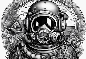 make a full sleeve nautical tattoo design including a deep sea diver with a Mark V diving helmet tattoo idea