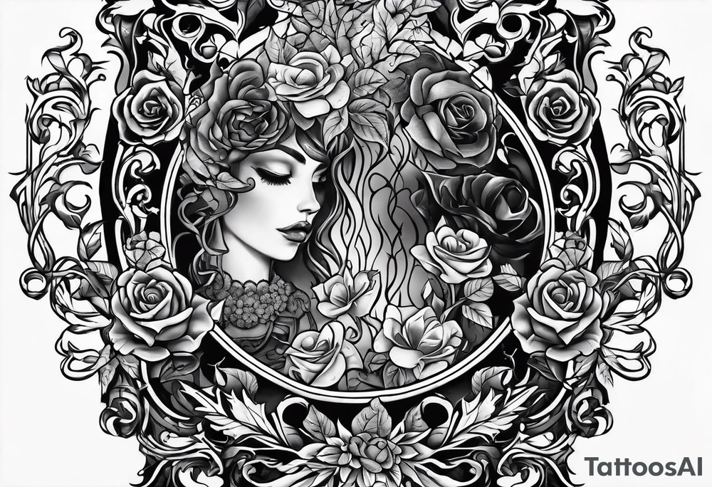 tattoo fool sleeve, old broken gothic home, broken sword, tree roots break out of the chains, roses tattoo idea