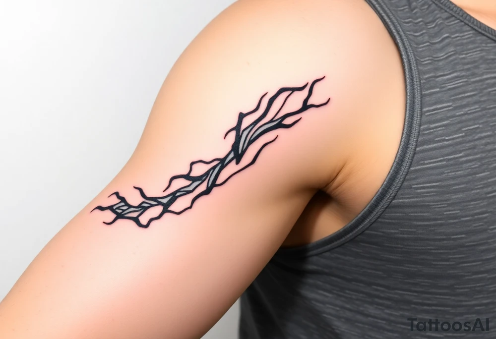I want a tattoo inspired by the character Izuku midorya from my hero academia. I want his black whip and lighting across my bicep, shoulder and leading slightly to my traps. I want it to be sharp. Not lacking or cringy. Sharp. I don’t want the character or the characters arm. I want the black whip and lighting. tattoo idea