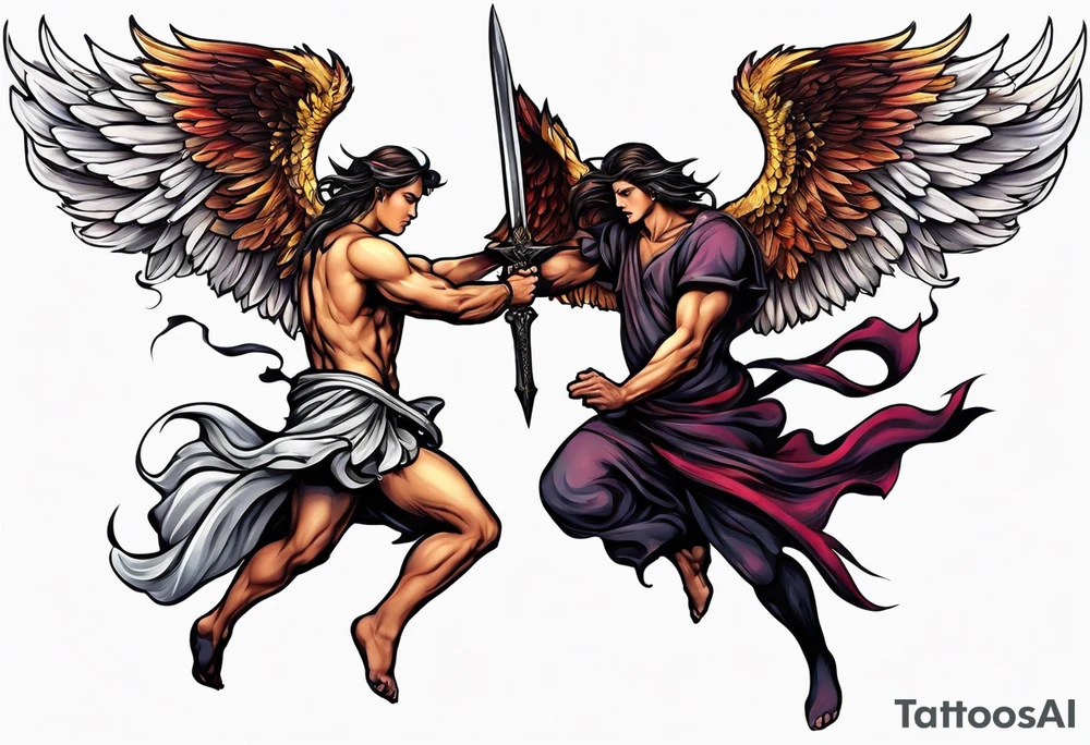 Angel and devil fighting back tattoo design tattoo idea