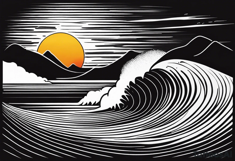 Hawaian beach with a big sun and many small waves, only black and white. The shape should BE a surfboard tattoo idea