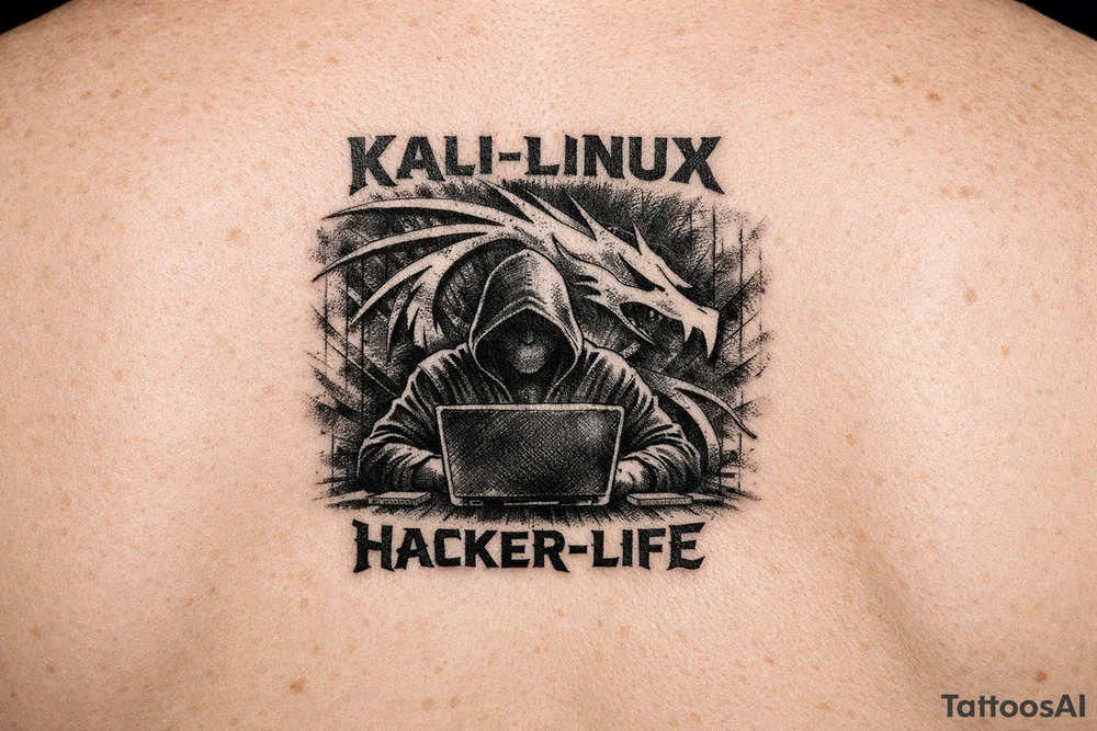the kali linux dragon in the background of a hacker in black hoodie sitting behind a laptop hacking with the words Kali-Linux accross the top and Hacker-Life accross the bottom and the letters need to be in hacker colors tattoo idea