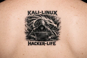 the kali linux dragon in the background of a hacker in black hoodie sitting behind a laptop hacking with the words Kali-Linux accross the top and Hacker-Life accross the bottom and the letters need to be in hacker colors tattoo idea