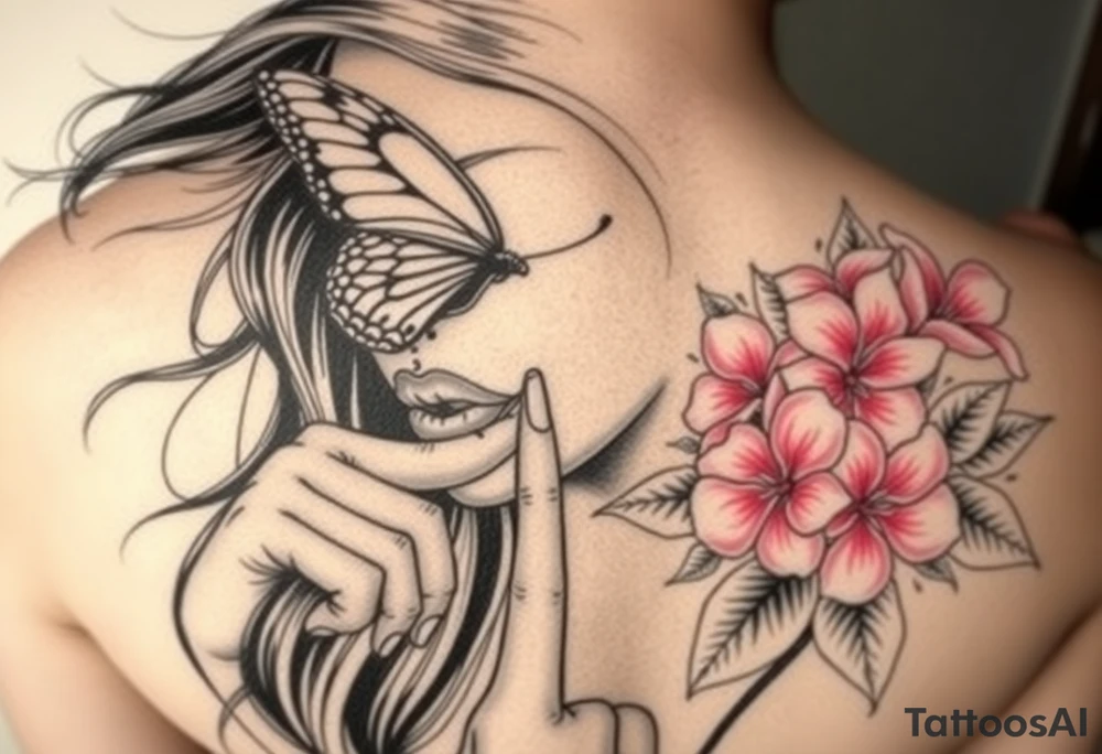 Womens Face withh her finger to her lips like saying  speak no evil with her long long hair flowing in the wind but ontop where her eyes would be they are covered by the lower half of a big butterfly as if being blind folded by the lwer part of butterfly for see no evil havi g her hand to her ears for hear no eveil around that butterfly medium and small and very small butterflys and bush of Beautiful pink plumeria found in Kaimuki, on the island of Oahu. And leafs that would bee seen with these flowers tattoo idea