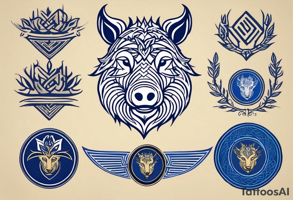 A classic tribal Celtic boar Integrated with a Chatwin, family crest and a Thistle. Simple with few lines. Blue and gold Chevron Chatwin family crest With the name, Chatwin and a Thistle tattoo idea