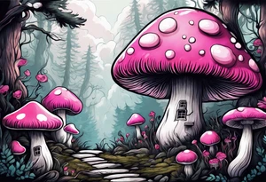 pink and white mushroom forest, smoke coming from caterpillars mouth tattoo idea