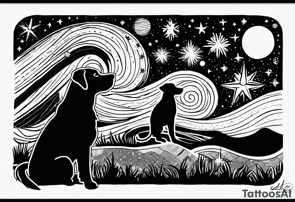 A silhouette of a labrador retriever, a german shephard, a beagle, and an adult human male, looking up at a night sky with galaxies comets and other space elements in the style of Van Gogh Starry Night. Must fit on an upper arm. tattoo idea