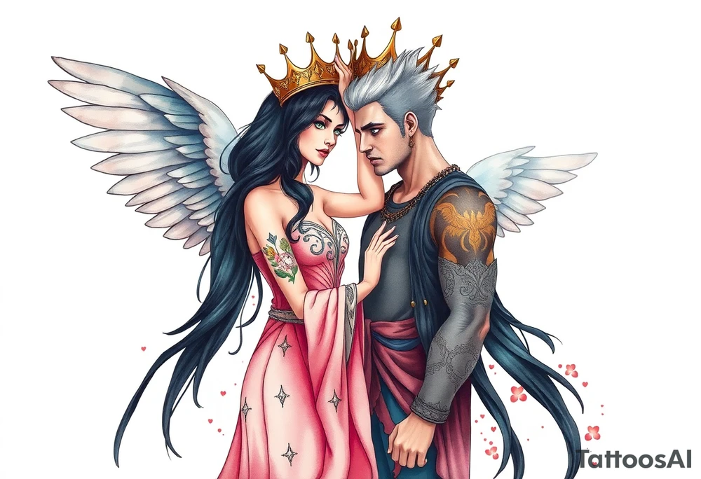 A Scorpio gypsy woman with wings like an angel and long black hair and green eyes placing a kings crown on a tall man with grey short spiked hair and blue eyes. She is wearing a long flowing dress tattoo idea
