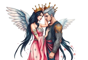 A Scorpio gypsy woman with wings like an angel and long black hair and green eyes placing a kings crown on a tall man with grey short spiked hair and blue eyes. She is wearing a long flowing dress tattoo idea
