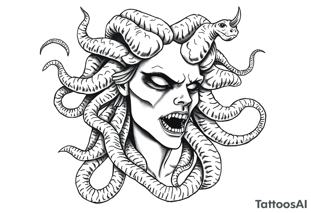 Scary Greek female god medusa with snake hairs tattoo idea