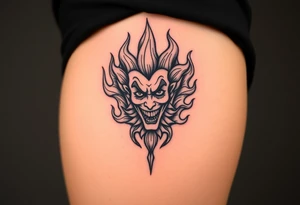 Powerful new age joker surrounded by flames tattoo idea