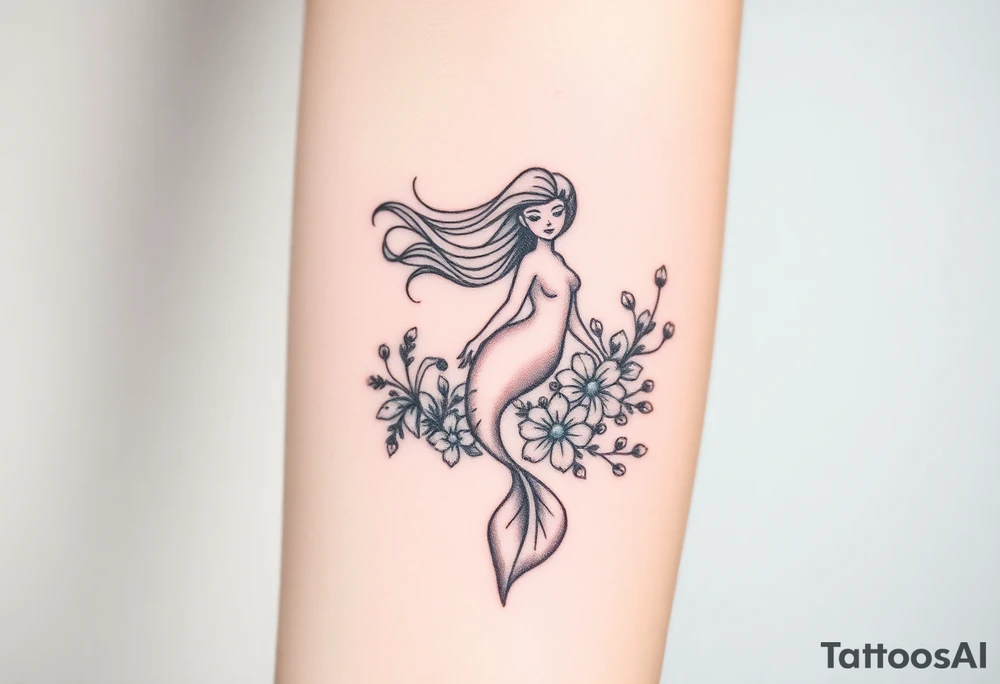 ethereal mermaid with flowing hair among coral and sea flowers tattoo idea