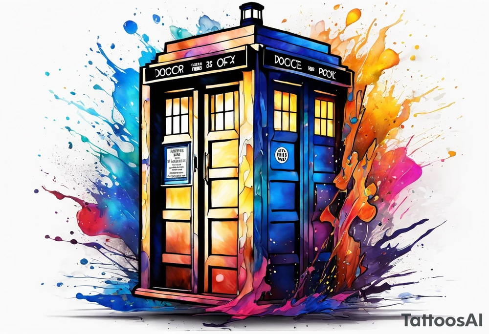 Doctor who tardis with splashes of color coming out from around the TARDIS tattoo idea